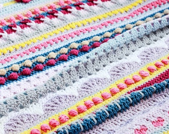 Crochet Spring Stitch Sampler Blanket Pattern, modern stitch sampler throw blanket, beautiful crochet blanket, crochet stitch sampler