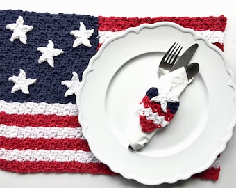 Crochet Patriotic American Flag Placemat Napkin Ring Pattern Collection Pattern, crochet 4th of July pattern, patriotic crochet patterns