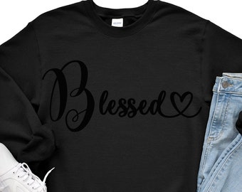 Black on Black Crewneck Sweatshirt, Black Sweatshirt, Blessed, Personalized  Sweatshirt, Black Puff Vinyl on Black Crewneck Sweatshirt, 