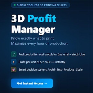 Peut inclure: Interface num&eacute;rique bleu fonc&eacute; pour les vendeurs d'impression 3D, affichant les indicateurs de profit. L'interface montre le b&eacute;n&eacute;fice mensuel, les produits actifs et un classement de rentabilit&eacute;. Le texte comprend "3D Profit Manager".