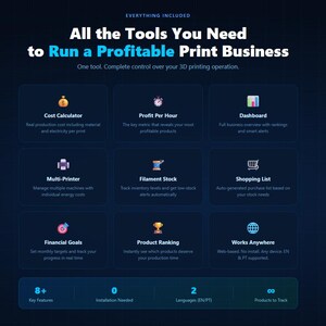 Peut inclure: Graphique bleu fonc&eacute; avec du texte blanc indiquant &laquo;&nbsp;Tous les outils dont vous avez besoin pour g&eacute;rer une entreprise d'impression rentable&nbsp;&raquo;. Ic&ocirc;nes pour calculateur de co&ucirc;ts, profit par heure, tableau de bord, multi-imprimante, stock de filaments, liste de courses, objectifs financiers, classement des produits et fonctionne partout.