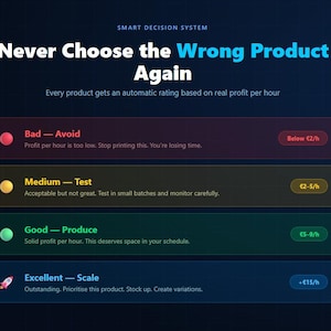 Peut inclure: Graphique num&eacute;rique avec le texte &laquo;&nbsp;Never Choose the Wrong Product Again&nbsp;&raquo;. Il pr&eacute;sente un syst&egrave;me d'&eacute;valuation cod&eacute; par couleur&nbsp;: Mauvais (rouge), Moyen (jaune), Bon (vert) et Excellent (bleu), avec des mesures de profit par heure en euros.