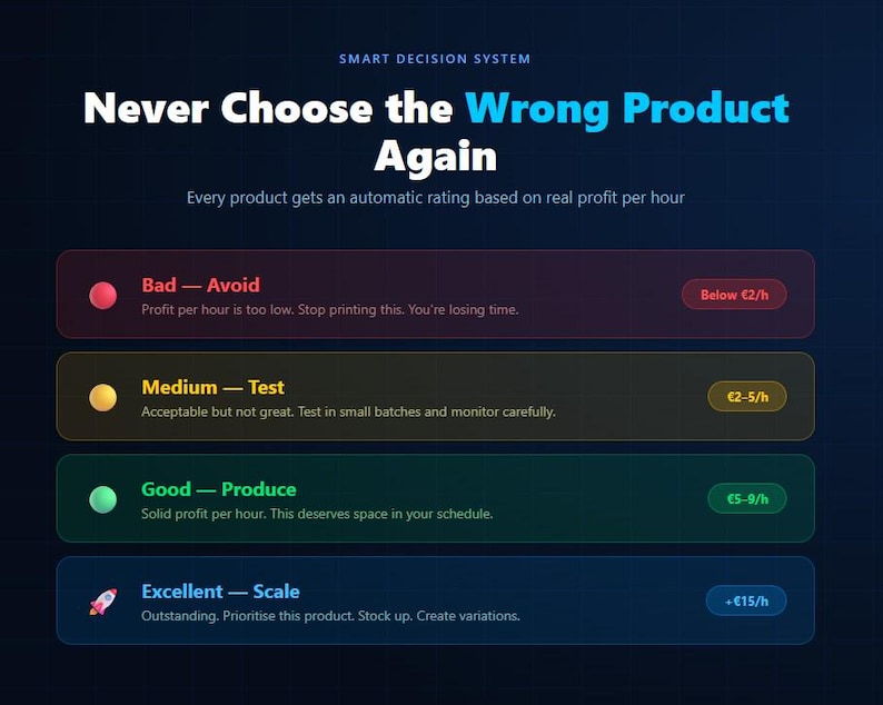 Peut inclure: Graphique num&eacute;rique avec le texte &laquo;&nbsp;Never Choose the Wrong Product Again&nbsp;&raquo;. Il pr&eacute;sente un syst&egrave;me d'&eacute;valuation cod&eacute; par couleur&nbsp;: Mauvais (rouge), Moyen (jaune), Bon (vert) et Excellent (bleu), avec des mesures de profit par heure en euros.