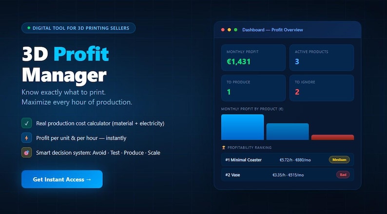 Peut inclure: Interface num&eacute;rique bleu fonc&eacute; pour les vendeurs d'impression 3D, affichant les indicateurs de profit. L'interface montre le b&eacute;n&eacute;fice mensuel, les produits actifs et un classement de rentabilit&eacute;. Le texte comprend "3D Profit Manager".