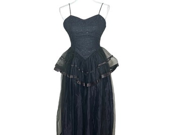 Vintage 60s Black Spaghetti Strap Ruffle Tulle Maxi Prom Dress Size 5P Glitter