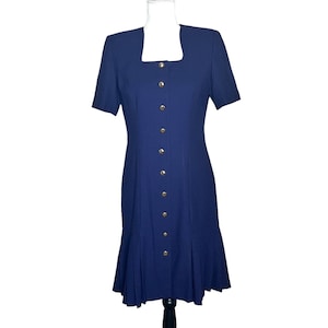 Liz Claiborne Petite Kleid Vintage 70er Jahre Tropfen Taille Navy Blue Pleat Hem Gr. 4P