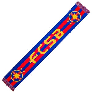 May include: A rectangular sports scarf featuring vertical red and blue stripes. The text FCSB is printed in large yellow letters across the center. Each end displays a circular emblem with a yellow star and the letters FCSB, finished with fringe.