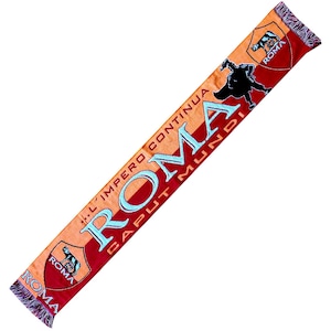 May include: An orange and red scarf with the word "ROMA" in large, light blue letters. The scarf features the text "...L'IMPERO CONTINUA CAPUT MUNDI" and a shield logo with a wolf. The ends have a fringed trim.