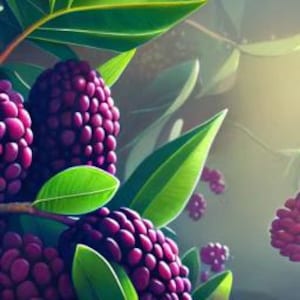 May include: A cluster of ripe, deep purple blackberries hanging from a branch with vibrant green leaves. The berries feature a textured, bumpy surface, and the foliage is illuminated by soft, natural light, highlighting the organic shapes.