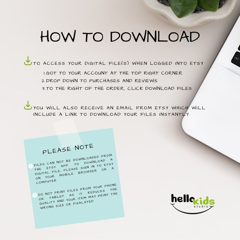 May include: A blue and white illustrated guide with instructions on how to download digital files from Etsy. The guide includes a note about printing files from a phone or tablet.