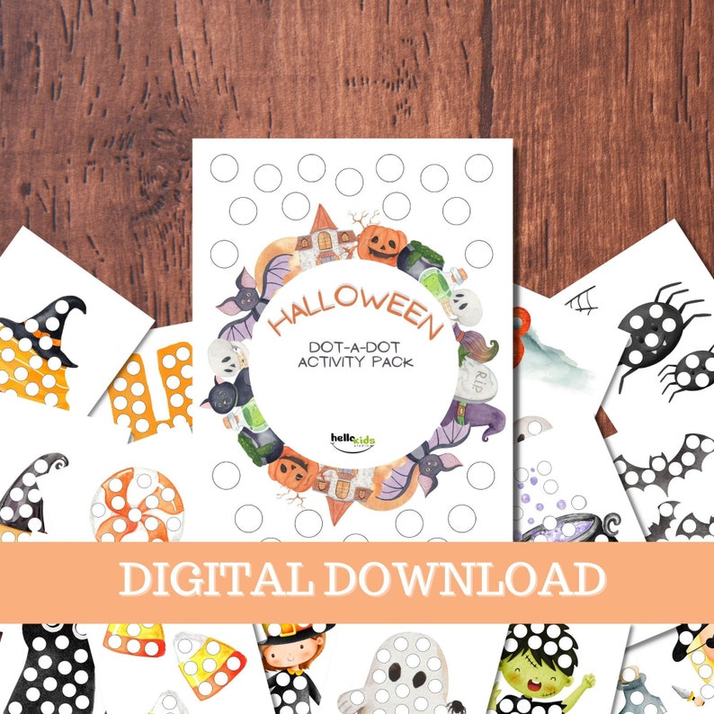 May include: A printable Halloween dot-to-dot activity pack with images of a witch, ghost, pumpkin, spider, and more. The pack includes the text "Halloween Dot-a-Dot Activity Pack" and "hello kids".