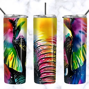 Watercolor Elephant Tumbler - Elephant Sublimation PNG - 20 oz Skinny Tumbler Digital Designs - Colorful Elephant Tumbler PNG