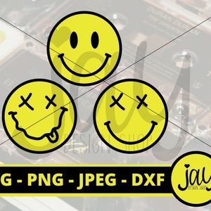 Może przedstawiać: Trzy żółte naklejki z uśmiechami o różnych wyrażeniach. Naklejki znajdują się na tle kasety.