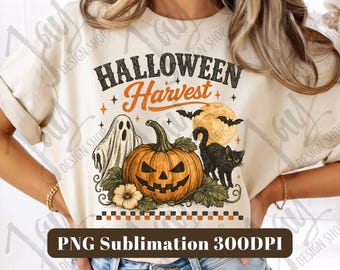Halloween Harvest PNG, Vintage Halloween Sublimation, Retro Pumpkin Ghost Shirt Design, Fall Graphic Digital Download