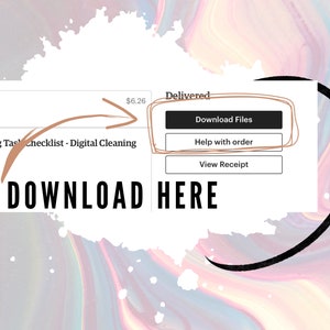 May include: A digital download button with the text "Download Files" in a black rectangle with rounded corners. The button is on a white background with the text "Delivered" above it. The text "&pound;6.26" is visible in the upper right corner of the image. The text "ig Tas checklist - Digital Cleaning" is visible in the lower left corner of the image. The text "DOWNLOAD HERE" is visible in large, bold letters below the button.