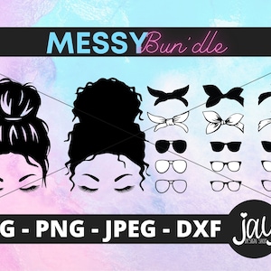 May include: A digital design bundle featuring two black and white illustrations of women with messy buns, along with various black and white illustrations of bows and sunglasses. The text "MESSY Bun'dle" is at the top of the image. The text "SVG - PNG - JPEG - DXF" is at the bottom of the image. The text "jay DESIGN SHOP" is at the bottom right of the image.