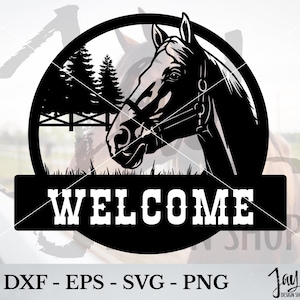 Letrero metálico de rancho occidental DXF / Archivo de corte CNC por plasma de caballo vaquero / Arte mural de granja personalizable / Descarga de SVG cortado con láser