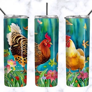 Chicken Tumbler Wrap PNG - Watercolor Chicken Lovers Design - Spring time Sublimation - Rooster Tumbler Digital Design