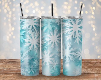 Snowflake Tumbler Sublimation PNG - White Snowflake 20oz Tumbler Wrap PNG Digital Design Christmas Tumbler Download