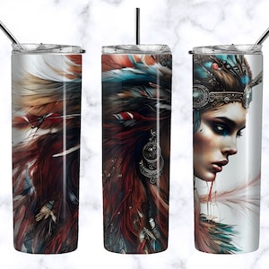 Vibrant Female Nordic Viking Tumbler Wrap PNG - Boho Feather - Norseman Sublimation Digital Design