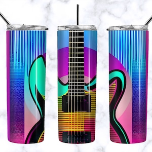 Rock N Roll Tumbler PNG - Neon 80s Guitar Rock and Roll Sublimation - 20 oz Skinny Tumbler Design