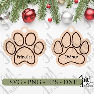 Ozdoby w kształcie psiej łapy SVG, plik ozdób świątecznych, plik Glowforge DXF, plik cięty laserowo, ozdoby świąteczne SVG, plik cięty w kształcie łapy SVG, plik SVG łapy kota