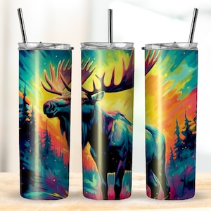 Watercolor Moose Tumbler Wrap PNG - Northern Lights Alaska Tumbler Sublimation - Moose Lovers PNG Digital Design