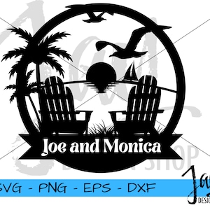 Plage coucher de soleil monogramme SVG - plasma CNC - Laser - monogramme extérieur - personnalisable - palmier PNG - voilier - téléchargement numérique - Glowforge
