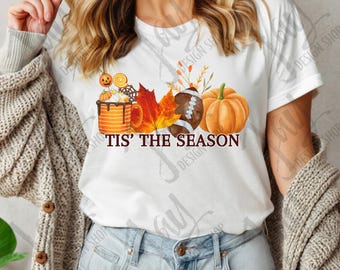 Tis the season PNG, Football PNG, Fall Leaves Digital Download, Football Sublimation, Hot Cocoa Watercolor Design, Thanksgiving t-shirt PNG