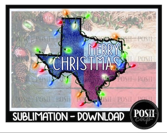 May include: A sublimation design featuring a denim outline of the state of Texas with Christmas lights and the text "Merry Christmas". The design is set against a background of a faded American flag.