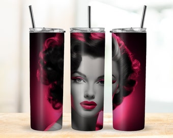 Pinup Girl Tumbler Wrap PNG - Pink Vintage 40s Style Sublimation Design 20oz Skinny Pinup Tumbler Digital Download