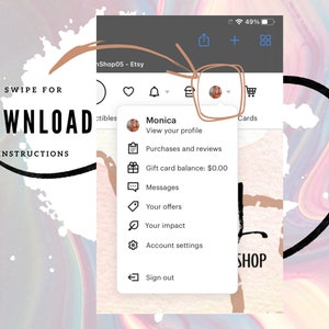 May include: A screenshot of a mobile phone screen showing a menu with options for viewing a profile, purchases and reviews, gift card balance, messages, offers, impact, account settings, and signing out. The menu is titled "Monica".