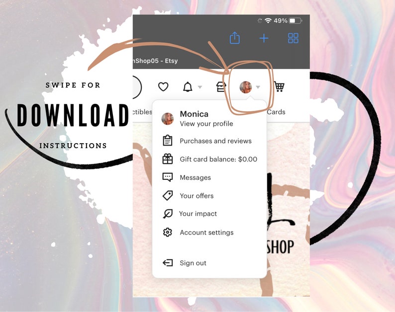 May include: A screenshot of a mobile phone screen showing a menu with options for viewing a profile, purchases and reviews, gift card balance, messages, offers, impact, account settings, and signing out. The menu is titled "Monica".