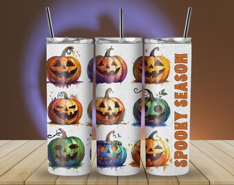 Halloween Tumbler wrap PNG, Spooky Season Digital Design, Jack O Lantern Pumpkin Sublimation PNG Skinny Tumbler Halloween Wrap