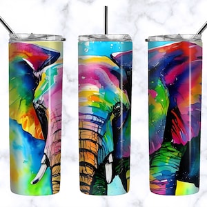 Watercolor Elephant Tumbler - Elephant Sublimation PNG - 20 oz Skinny Tumbler Digital Designs - Colorful Elephant Tumbler PNG