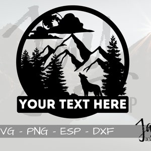 Mountain View Monogram SVG - CNC - Plasma Cut- Outdoor Monogram - Customizable - Wolf SVG - Moon Cut File - Digital Download - Glowforge