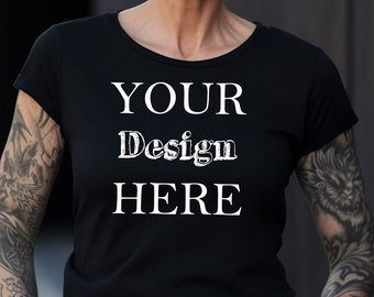 Black T-Shirt Mockup: Middle-Aged Woman Model