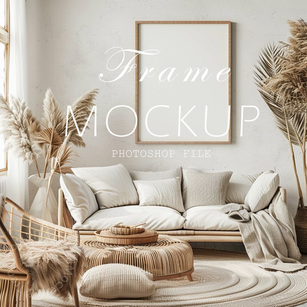 BOHO Style Living Room Frame Mockups, Nordic Style Modern Mock Up, High Quality Frame, Farmhouse Frame Mockup, Smart Object