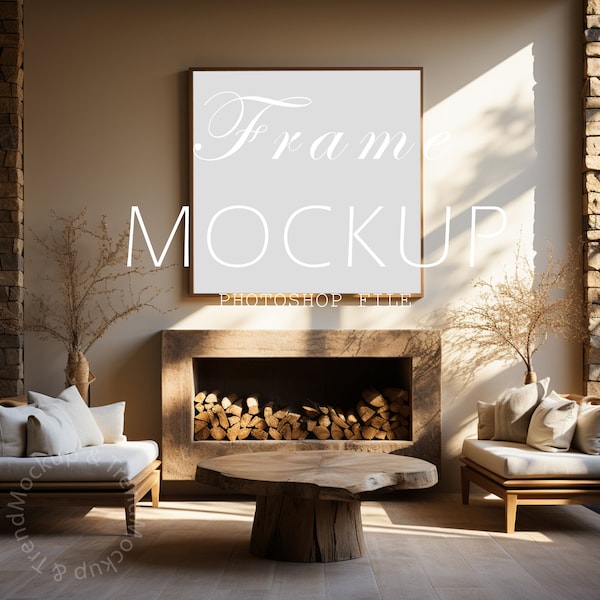 Elegant Living Room Frame Stock Images Mockup, Mid Century Interior Mockup, Living Room Interior With Warm Lighting on Wall, PSD