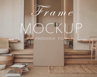 May include: A beige frame mockup in a minimalist interior setting. The frame is leaning against a wall with a wooden floor and a rug. The text "Frame Mockup" and "Photoshop File" is visible in the image.