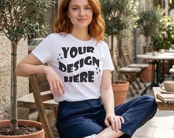 Cafe Woman T-Shirt Mockup, Outdoor Lifestyle Mockup (Digital Download)