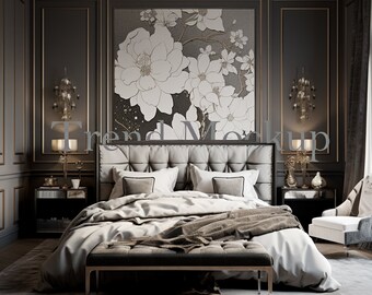 Könnte beinhalten: Ein luxuriöses Schlafzimmer mit einem großen Bett mit einem gesteppten Kopfteil, weißen Bettwäsche und einer braunen Wolldecke. Der Raum hat eine dunkelgraue Wand mit goldenen Verzierungen und ein großes Wandbild mit Blumen. Am Fußende des Bettes befindet sich eine kleine Bank und in der Ecke ein Stuhl.