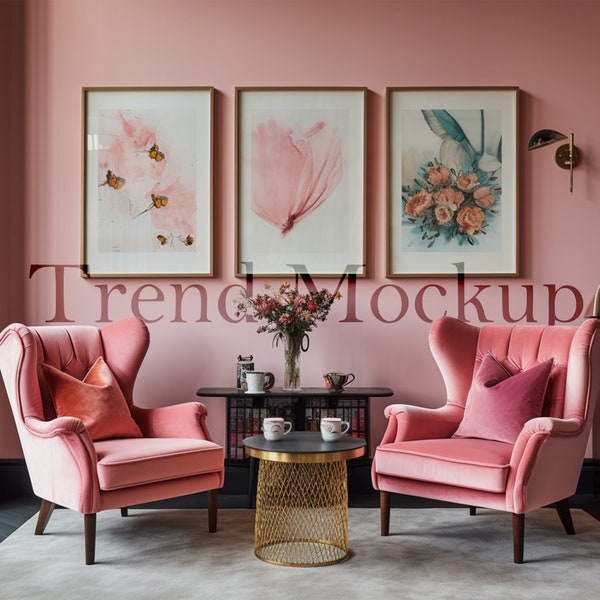 Pink Interior Mockup, Wooden Frame on Pink Wall, Living Room Mockup, Glass Reflection, Vertical Frame, Modern Interior Mockup, PSD/JPG