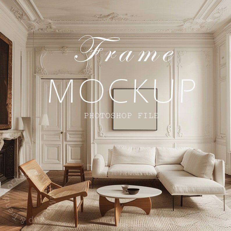 May include: Interior room mockup with a white sectional sofa, round coffee table, and a wooden chair. The room features ornate white wall panelling and a framed artwork. Text on the image reads "Frame Mockup Photoshop File."