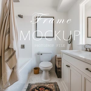 Frame Mockup Bathroom, Photoshop Mockup In Luxurious Bathroom Scene Frame, Modern Interior Mockup, Bathroom Scene PSD