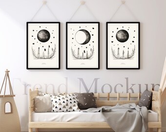 Boho Nursery Mockup: Set of 3 Vertical Wood Frames