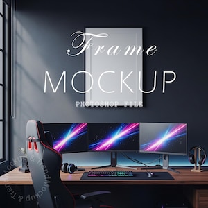 Gaming Setup Frame Mockup: Modern Desk, Triple Monitor (PSD Digital Download)