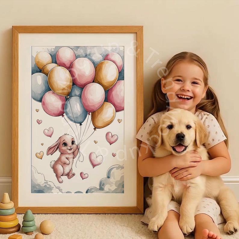 May include: A framed print featuring a watercolor illustration of a pink bunny floating with balloons. The balloons are in shades of pink, gold, and blue. Hearts and clouds are also in the image. A young girl is holding a golden retriever puppy.