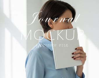 Journal Mockup PSD: Woman Holding Notebook, Minimalist Cover (Digital Download)