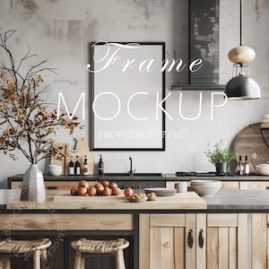 Eetkamerframe mockup, DIN A verticaal frame canvas Photoshop mockup sjabloon voor kunstdisplay, moderne minimale keukenkunst mockup